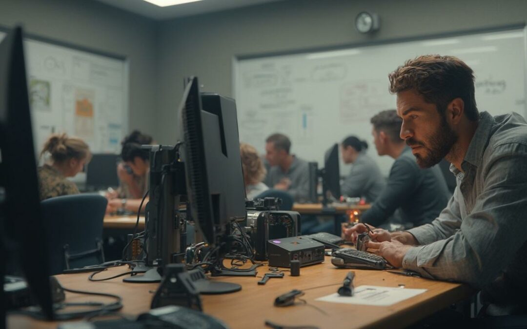 Des techniciens informatiques travaillent ensemble dans un bureau sombre.