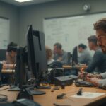 Des techniciens informatiques travaillent ensemble dans un bureau sombre.