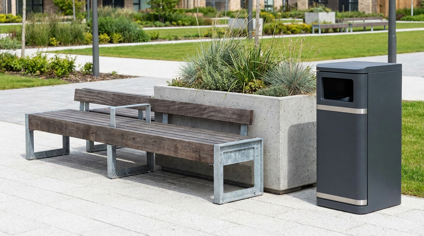 Ensemble de mobilier urbain durable en bois et m&eacute;tal r&eacute;sistant aux intemp&eacute;ries et au vandalisme