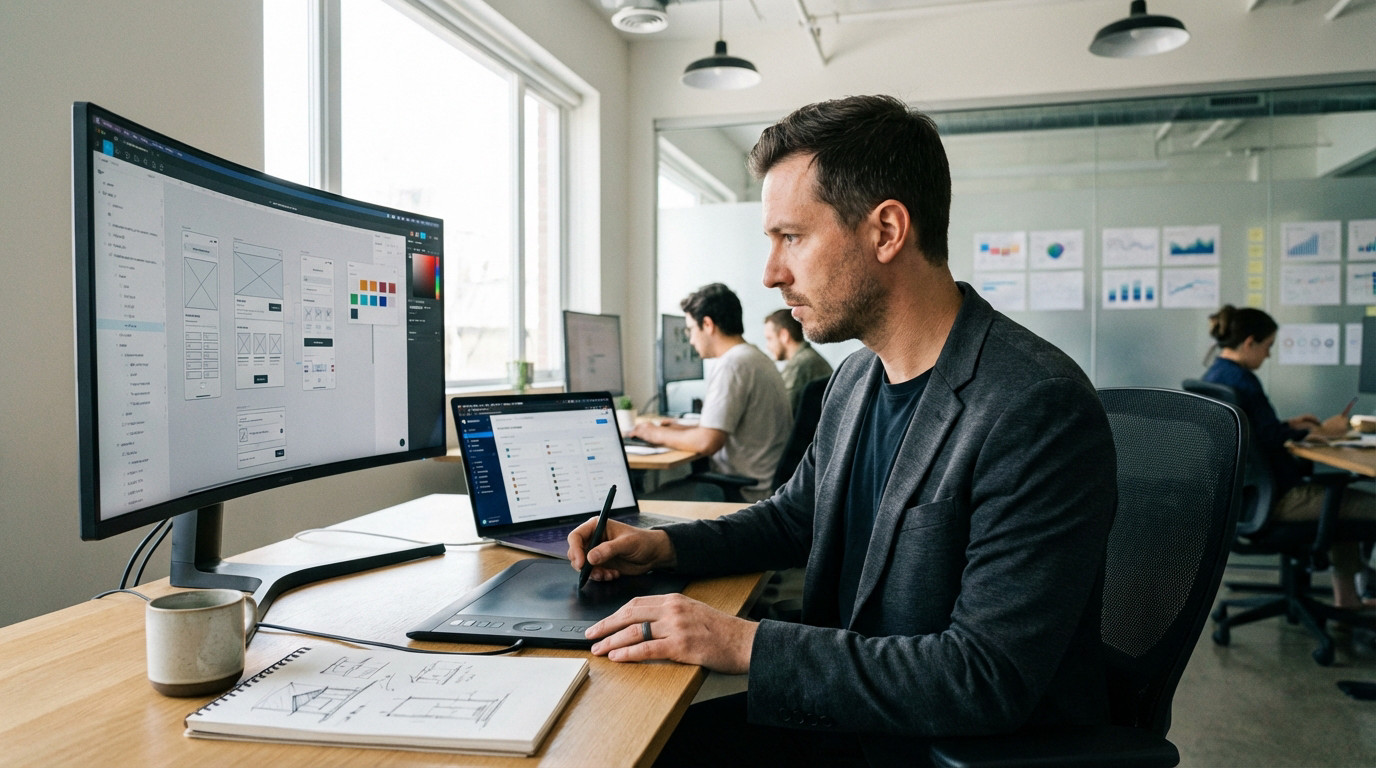 Designer graphique spécialisé travaillant sur un projet créatif complexe dans un studio moderne