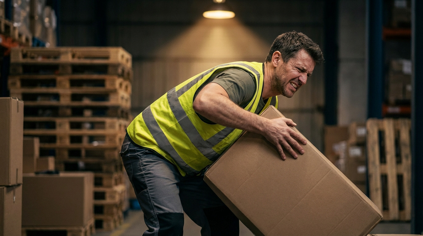 Employ&eacute; d'entrep&ocirc;t ressentant une douleur lombaire soudaine en soulevant une charge, illustrant les risques de TMS