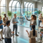 Diverse team brainstorms at a transparent digital display with vibrant data in a bright, modern innovation hub.