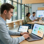 Young student uses laptop and tablet with digital learning dashboard in modern university study. Other students in background.