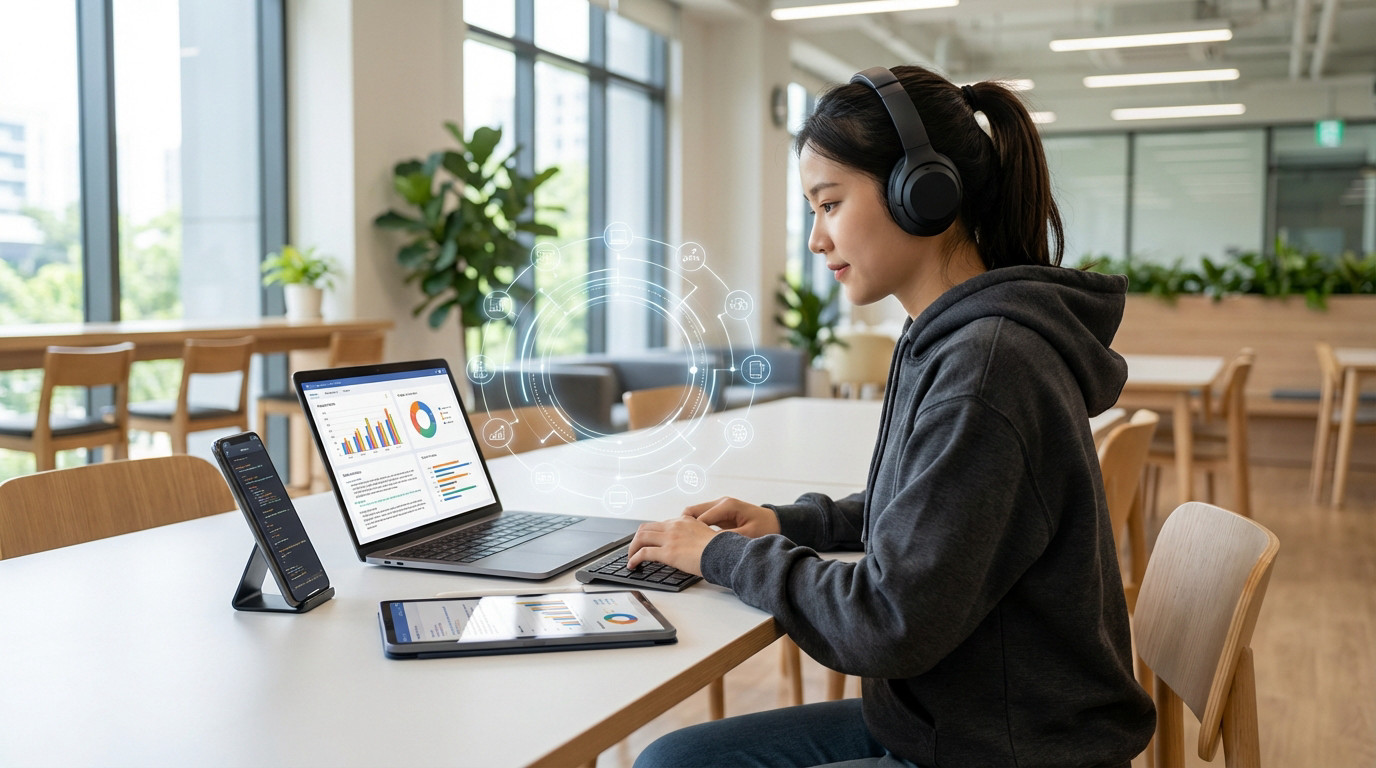 Étudiant utilisant des appareils numériques connectés sur le campus de l'UTT