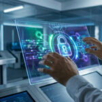 Hands interact with a luminous holographic screen displaying a glowing padlock icon and data pathways in a futuristic control room.