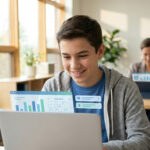 Smiling student uses laptop with abstract digital academic UI. Adult supervises on tablet in bright, modern learning space.