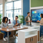 Diverse students collaborate in a modern university digital learning space, using laptops, tablets, and an interactive display.
