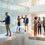 Divers professionnels interagissant sur des plateformes, connectés par des lignes lumineuses, symbolisant la collaboration d'équipe et la vision commune.