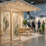 Stand de salon professionnel moderne avec kakemonos en bois ornés de motifs végétaux, mobilier clair et plantes. Des visiteurs déambulent.