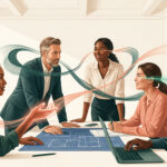 Cinq professionnels discutent autour d'une table avec des plans. Des lignes lumineuses symbolisent leur communication et écoute mutuelle.