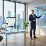 DRH présentant des métriques RH stratégiques et la planification basée sur l'IA, pendant qu'un employé analyse des données.